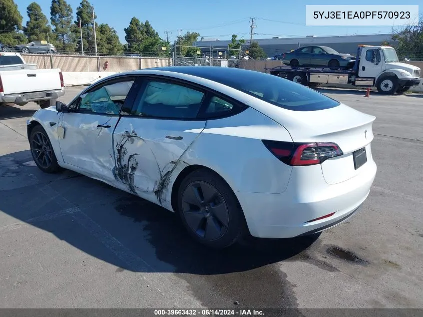 2023 Tesla Model 3 Rear-Wheel Drive VIN: 5YJ3E1EA0PF570923 Lot: 39663432