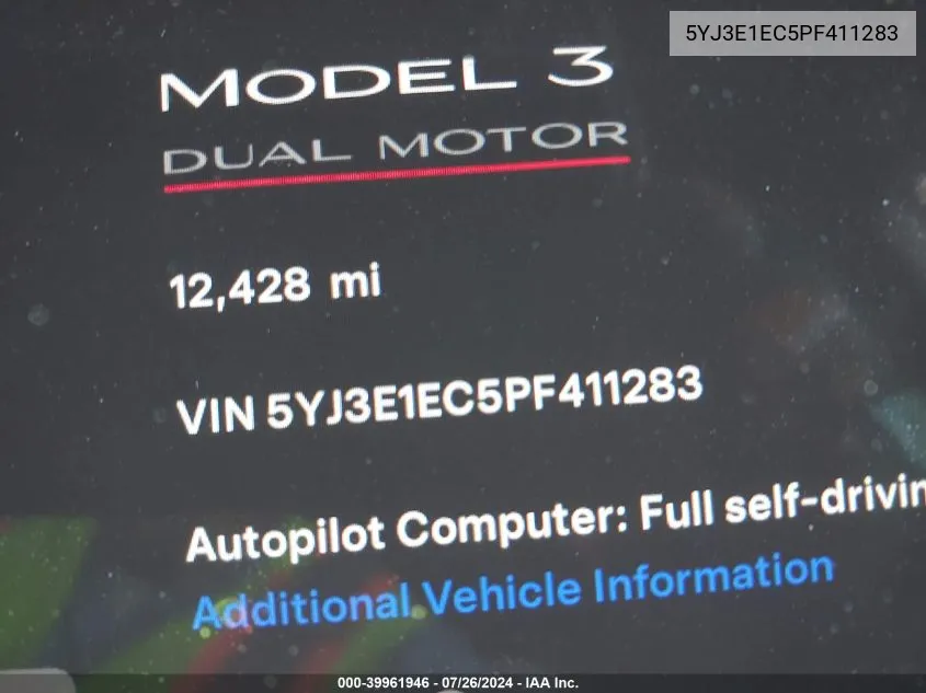 2023 Tesla Model 3 Performance Dual Motor All-Wheel Drive VIN: 5YJ3E1EC5PF411283 Lot: 39961946