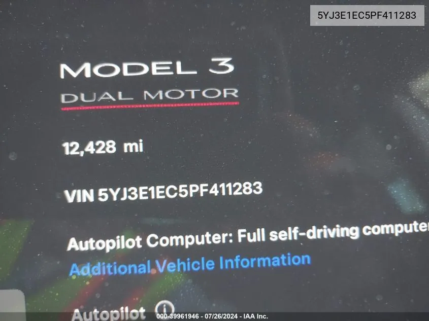 2023 Tesla Model 3 Performance Dual Motor All-Wheel Drive VIN: 5YJ3E1EC5PF411283 Lot: 39961946