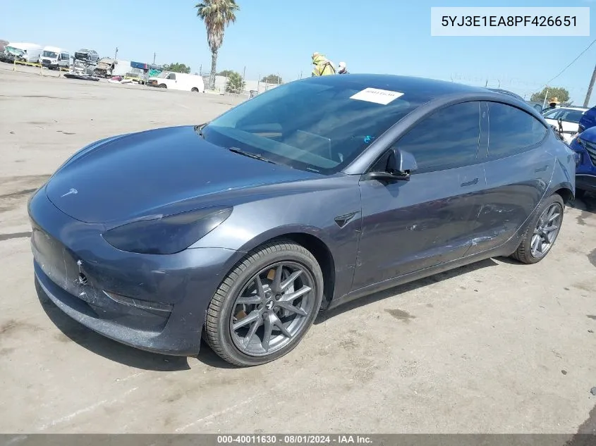 2023 Tesla Model 3 Rear-Wheel Drive VIN: 5YJ3E1EA8PF426651 Lot: 40011630