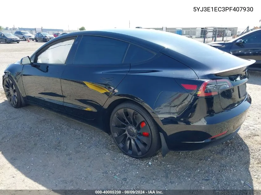 2023 Tesla Model 3 Performance Dual Motor All-Wheel Drive VIN: 5YJ3E1EC3PF407930 Lot: 40085208