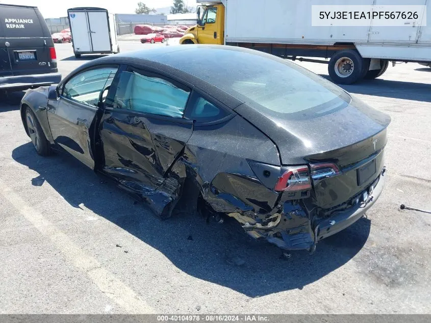 2023 Tesla Model 3 Rear-Wheel Drive VIN: 5YJ3E1EA1PF567626 Lot: 40104978