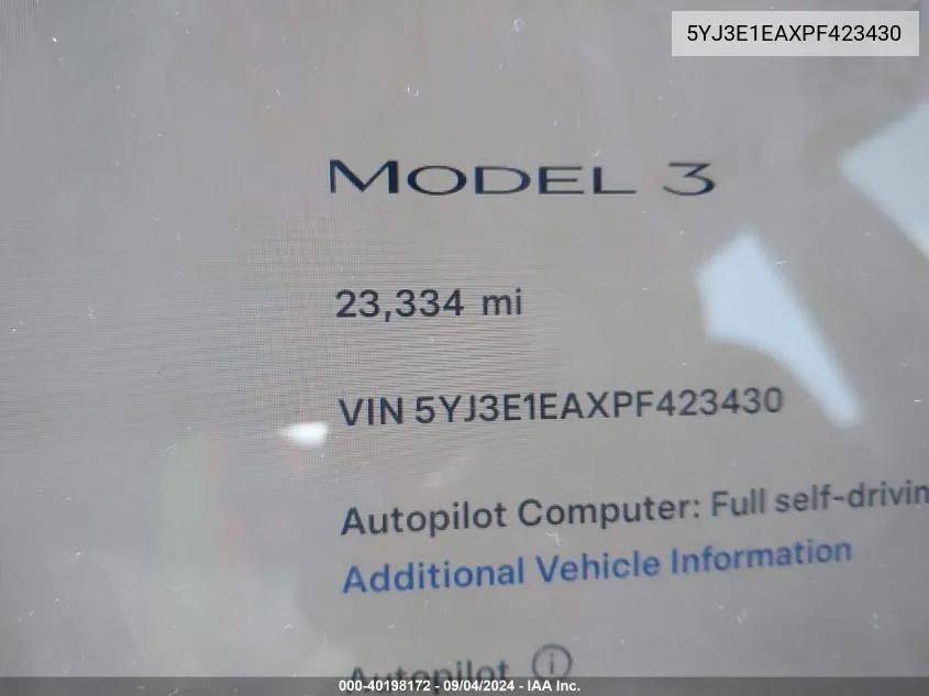 2023 Tesla Model 3 VIN: 5YJ3E1EAXPF423430 Lot: 40198172