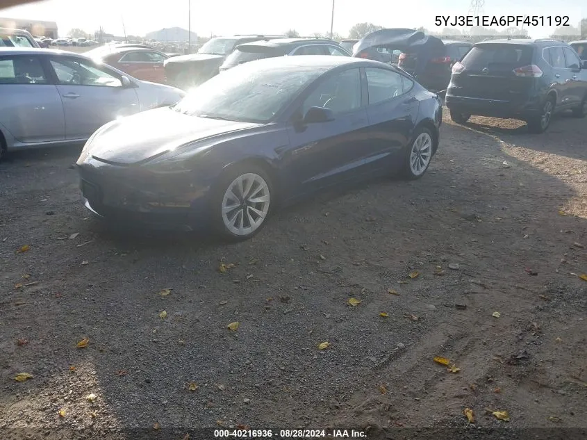 2023 Tesla Model 3 Rear-Wheel Drive VIN: 5YJ3E1EA6PF451192 Lot: 40216936