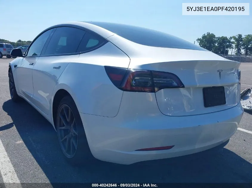 2023 Tesla Model 3 Rear-Wheel Drive VIN: 5YJ3E1EA0PF420195 Lot: 40242646