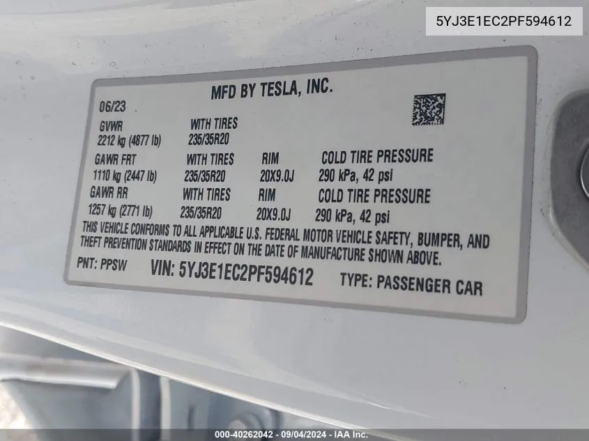 2023 Tesla Model 3 Performance Dual Motor All-Wheel Drive VIN: 5YJ3E1EC2PF594612 Lot: 40262042