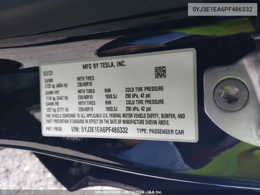 2023 Tesla Model 3 VIN: 5YJ3E1EA6PF486332 Lot: 40325280