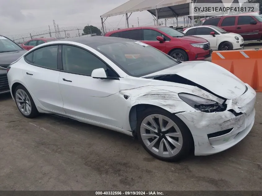 2023 Tesla Model 3 Rear-Wheel Drive VIN: 5YJ3E1EA0PF418172 Lot: 40332556