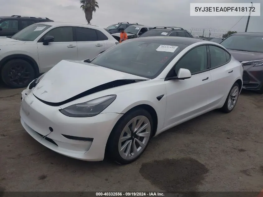 2023 Tesla Model 3 Rear-Wheel Drive VIN: 5YJ3E1EA0PF418172 Lot: 40332556