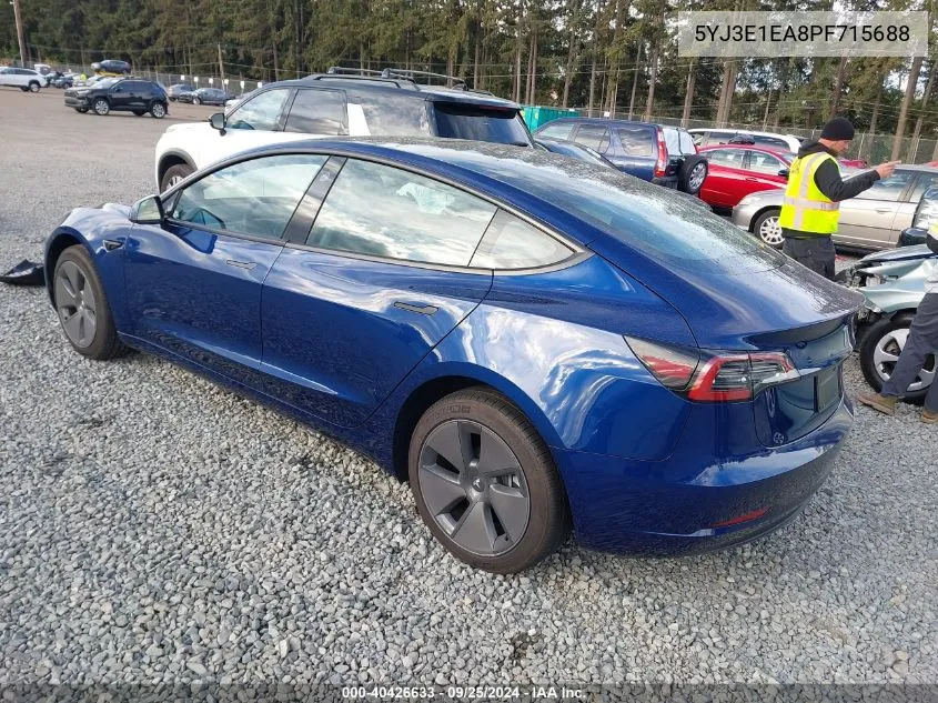 2023 Tesla Model 3 Rear-Wheel Drive VIN: 5YJ3E1EA8PF715688 Lot: 40426633