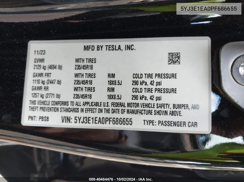 5YJ3E1EA0PF686655 2023 Tesla Model 3 Rear-Wheel Drive