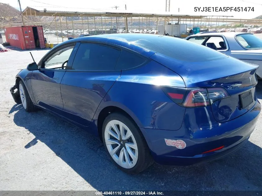 2023 Tesla Model 3 Rear-Wheel Drive VIN: 5YJ3E1EA5PF451474 Lot: 40461110