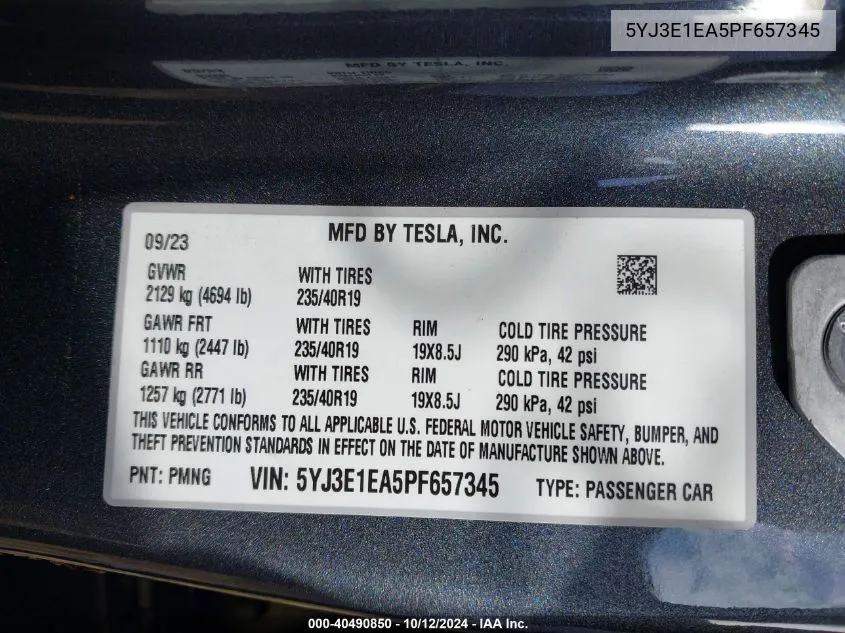 2023 Tesla Model 3 VIN: 5YJ3E1EA5PF657345 Lot: 40490850