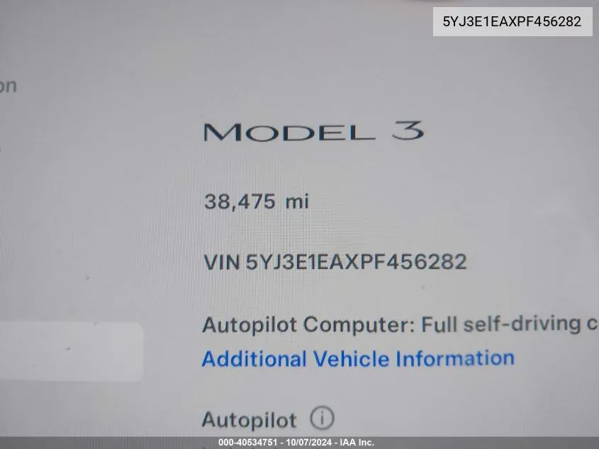 2023 Tesla Model 3 Rear-Wheel Drive VIN: 5YJ3E1EAXPF456282 Lot: 40534751