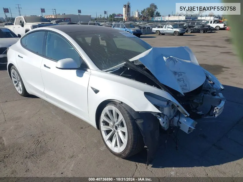 2023 Tesla Model 3 Rear-Wheel Drive VIN: 5YJ3E1EAXPF550758 Lot: 40736890