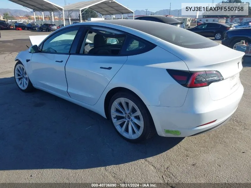 2023 Tesla Model 3 Rear-Wheel Drive VIN: 5YJ3E1EAXPF550758 Lot: 40736890