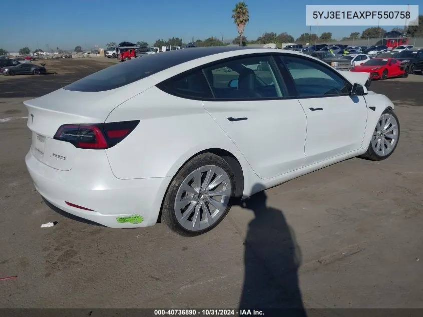 2023 Tesla Model 3 Rear-Wheel Drive VIN: 5YJ3E1EAXPF550758 Lot: 40736890