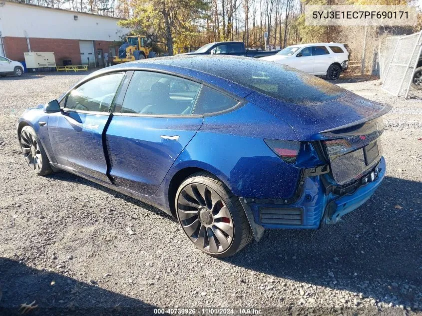 2023 Tesla Model 3 Performance Dual Motor All-Wheel Drive VIN: 5YJ3E1EC7PF690171 Lot: 40739926