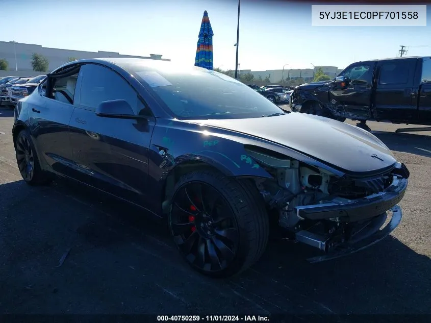 2023 Tesla Model 3 Performance Dual Motor All-Wheel Drive VIN: 5YJ3E1EC0PF701558 Lot: 40750259