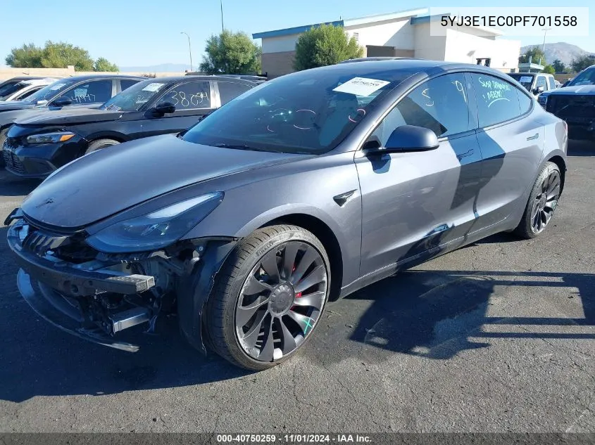 2023 Tesla Model 3 Performance Dual Motor All-Wheel Drive VIN: 5YJ3E1EC0PF701558 Lot: 40750259