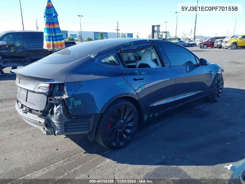 2023 Tesla Model 3 Performance Dual Motor All-Wheel Drive VIN: 5YJ3E1EC0PF701558 Lot: 40750259