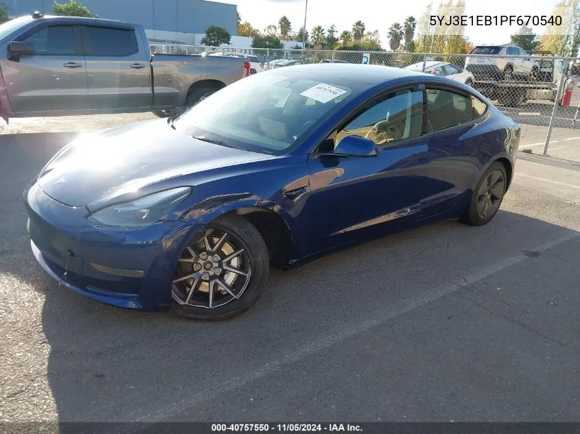 2023 Tesla Model 3 Long Range Dual Motor All-Wheel Drive VIN: 5YJ3E1EB1PF670540 Lot: 40757550