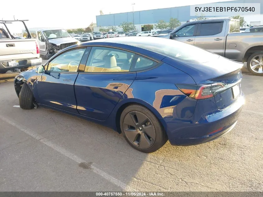 2023 Tesla Model 3 Long Range Dual Motor All-Wheel Drive VIN: 5YJ3E1EB1PF670540 Lot: 40757550