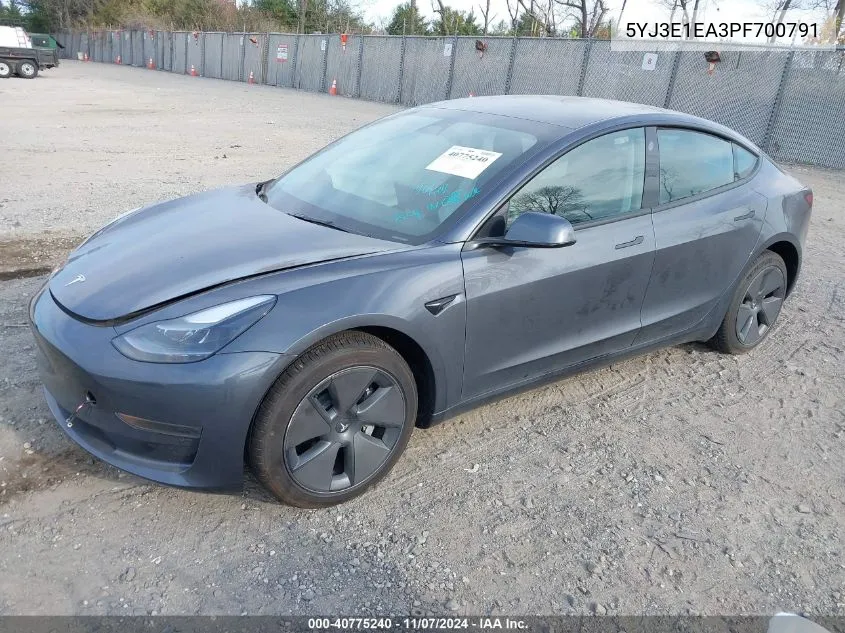 2023 Tesla Model 3 Rear-Wheel Drive VIN: 5YJ3E1EA3PF700791 Lot: 40775240