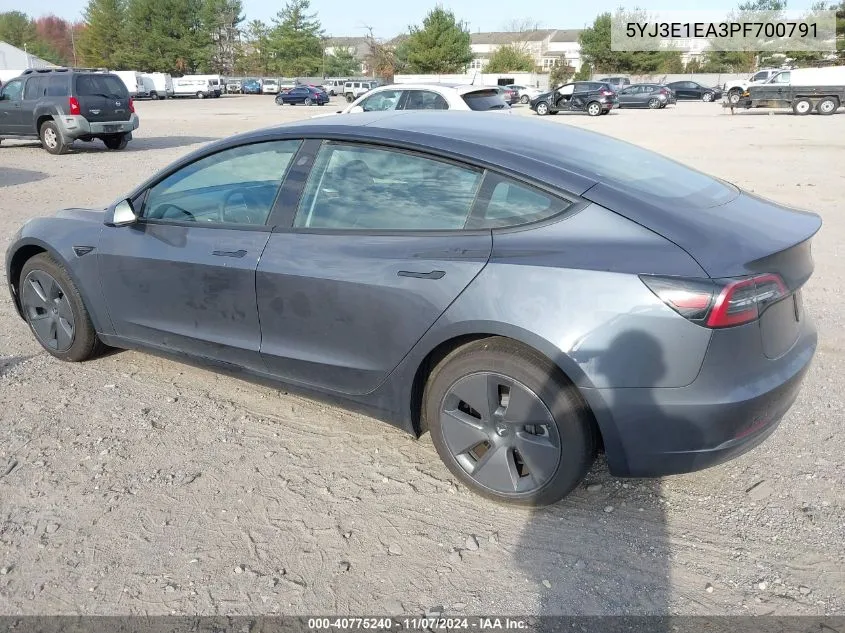 2023 Tesla Model 3 Rear-Wheel Drive VIN: 5YJ3E1EA3PF700791 Lot: 40775240