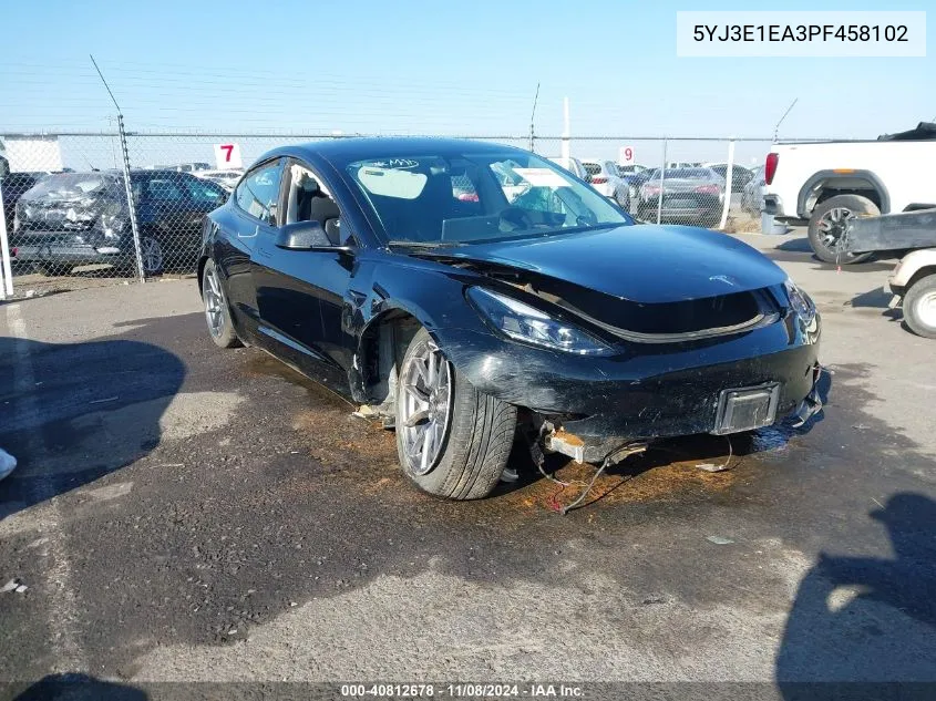 2023 Tesla Model 3 Rear-Wheel Drive VIN: 5YJ3E1EA3PF458102 Lot: 40812678