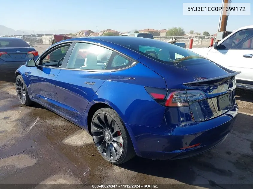 2023 Tesla Model 3 Performance Dual Motor All-Wheel Drive VIN: 5YJ3E1EC0PF399172 Lot: 40824347