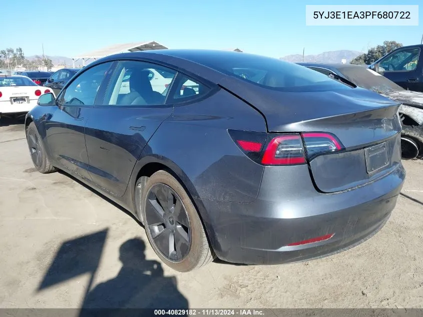 2023 Tesla Model 3 Rear-Wheel Drive VIN: 5YJ3E1EA3PF680722 Lot: 40829182