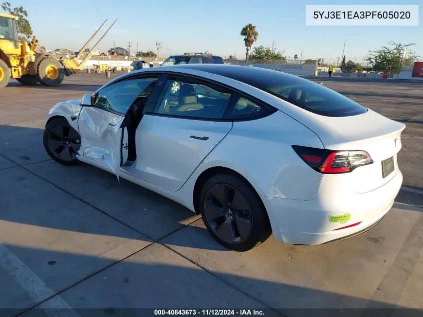 2023 Tesla Model 3 Rear-Wheel Drive VIN: 5YJ3E1EA3PF605020 Lot: 40843673