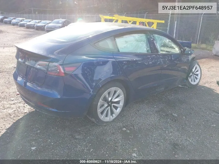 2023 Tesla Model 3 Rear-Wheel Drive VIN: 5YJ3E1EA2PF648957 Lot: 40889621