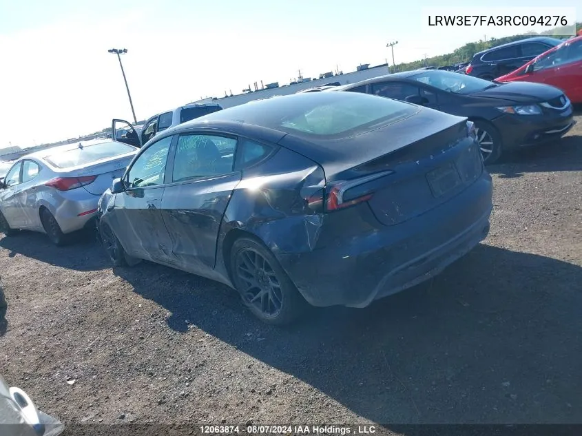 2024 Tesla Model 3 VIN: LRW3E7FA3RC094276 Lot: 12063874