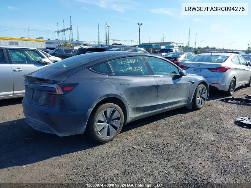 2024 Tesla Model 3 VIN: LRW3E7FA3RC094276 Lot: 12063874