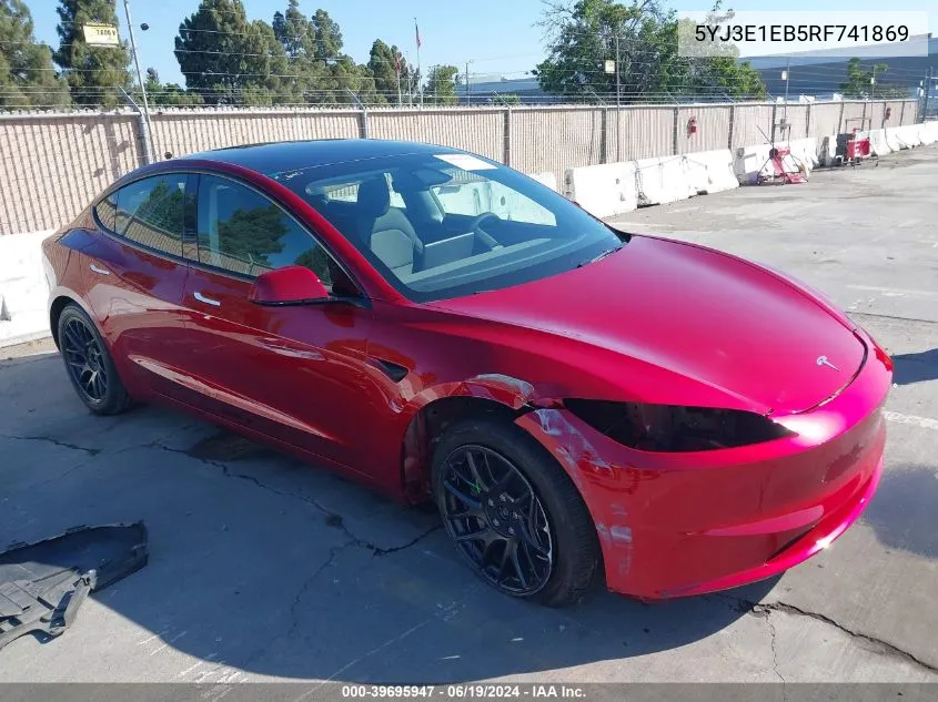 2024 Tesla Model 3 Long Range Dual Motor All-Wheel Drive VIN: 5YJ3E1EB5RF741869 Lot: 39695947