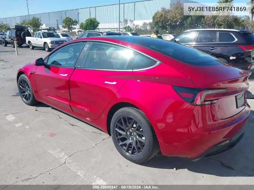 2024 Tesla Model 3 Long Range Dual Motor All-Wheel Drive VIN: 5YJ3E1EB5RF741869 Lot: 39695947