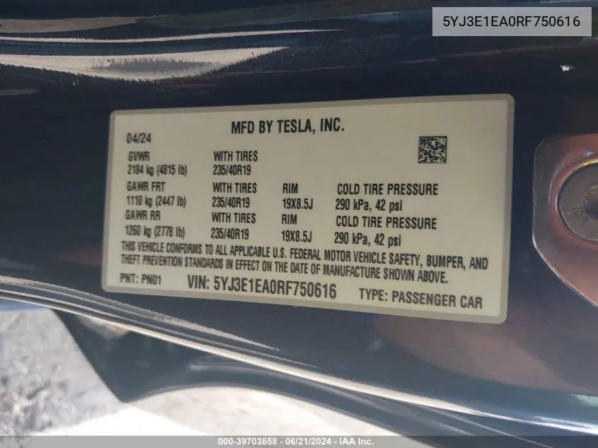 5YJ3E1EA0RF750616 2024 Tesla Model 3 Rear-Wheel Drive