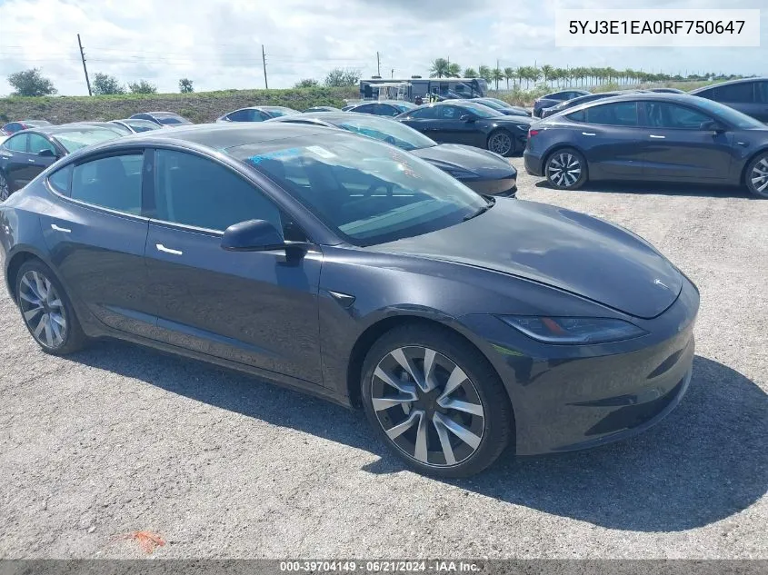 2024 Tesla Model 3 Rear-Wheel Drive VIN: 5YJ3E1EA0RF750647 Lot: 39704149