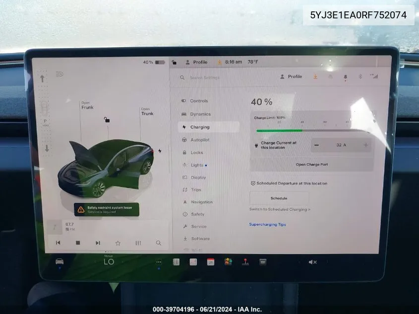 2024 Tesla Model 3 Rear-Wheel Drive VIN: 5YJ3E1EA0RF752074 Lot: 39704196