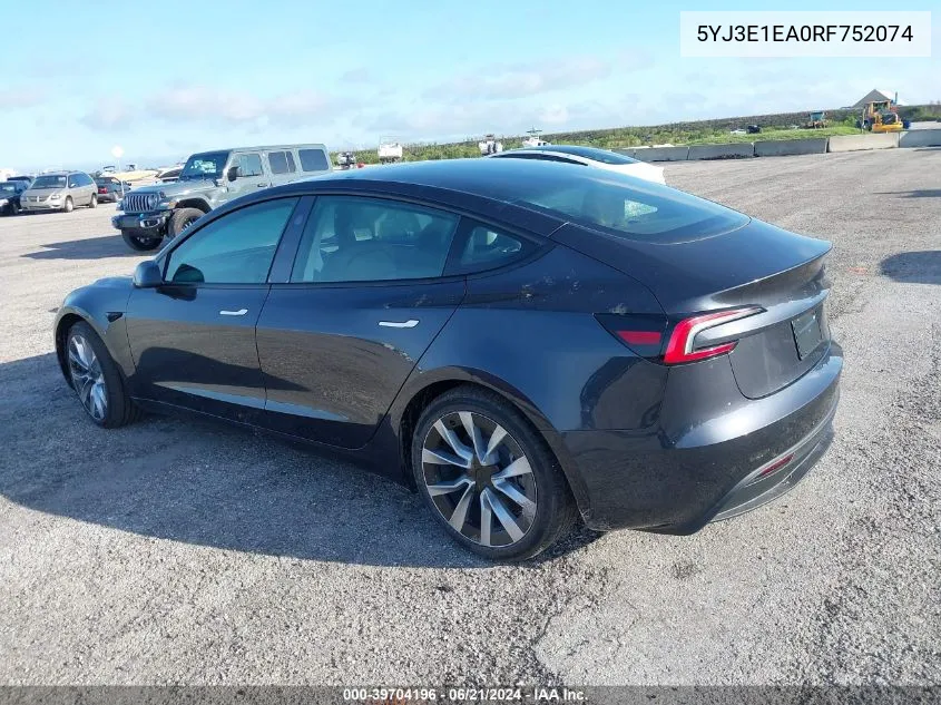 5YJ3E1EA0RF752074 2024 Tesla Model 3 Rear-Wheel Drive