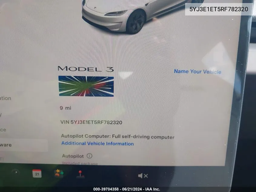 2024 Tesla Model 3 VIN: 5YJ3E1ET5RF782320 Lot: 39704358