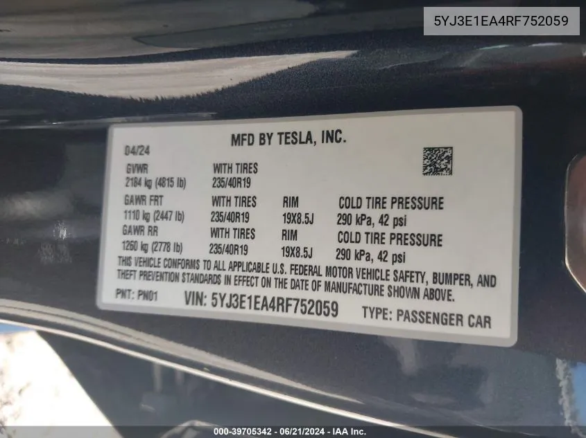 5YJ3E1EA4RF752059 2024 Tesla Model 3 Rear-Wheel Drive