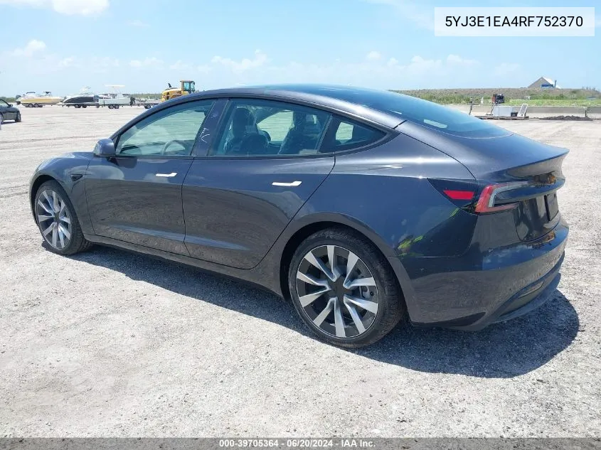 2024 Tesla Model 3 VIN: 5YJ3E1EA4RF752370 Lot: 39705364