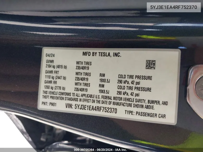 2024 Tesla Model 3 VIN: 5YJ3E1EA4RF752370 Lot: 39705364