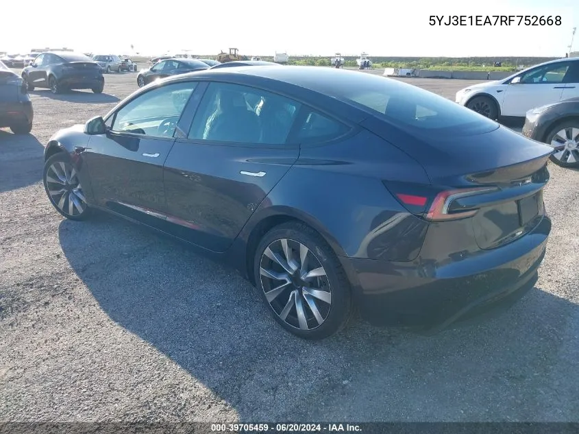 2024 Tesla Model 3 VIN: 5YJ3E1EA7RF752668 Lot: 39705459