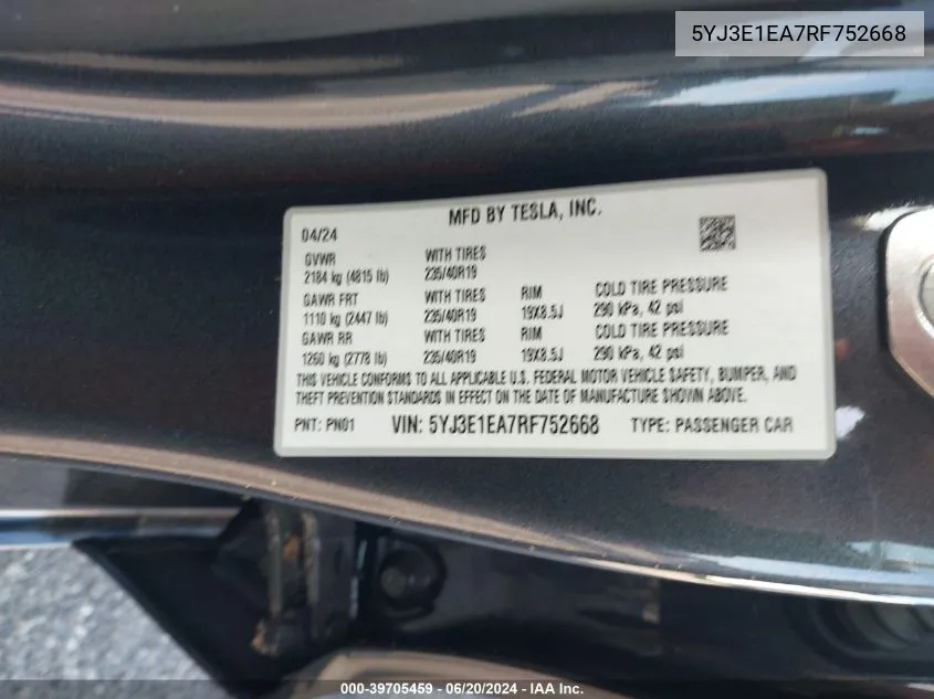 5YJ3E1EA7RF752668 2024 Tesla Model 3