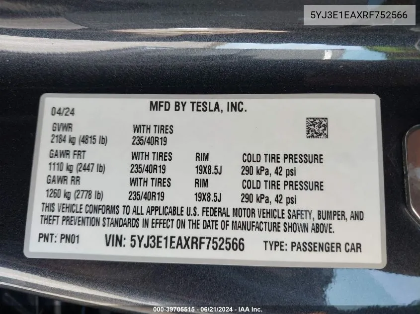 5YJ3E1EAXRF752566 2024 Tesla Model 3 Rear-Wheel Drive