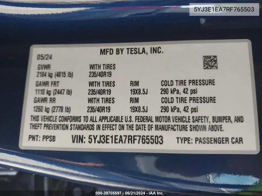 5YJ3E1EA7RF765503 2024 Tesla Model 3 Rear-Wheel Drive